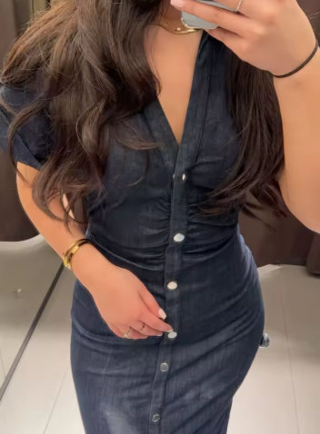 Women Denim V-neck Short Sleeved Long Dress Chic Slim Fit Single Breast Slit Vestidos New High Street Casual Solid Commuter Gown