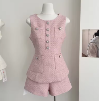 High Quality Female Tweed Sleeveless Vest Top High Waist Shorts Set Women French Slim Summer Sweet Girl Lady Two Piece Outfits
