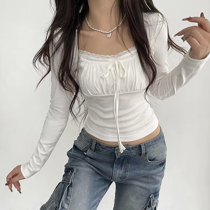 Bandage Folds Square Collar Crop Top Women Fairycore y2k White T Shirts Basic Knitted Elegant Tees Vintage 2000s Clothing