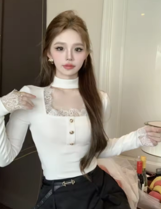 Patchwork Lace Elegant Sweet Tshirts Women Chic Sweet Y2k Slim Button Tees Square Collar Bottoming Vintage Long Sleeve Crop Top