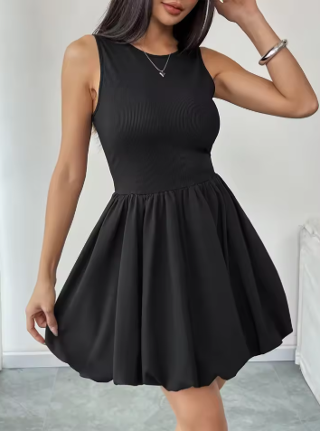 Fashion Backless Puff Hem High Waist Mini Dresses Women Elegant Black Sleeveless Short Dress 2025 New Vocation Streetwear