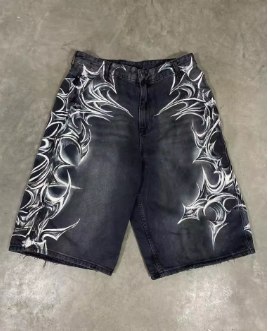 American Retro Gothic Halloween Geometry Graffiti Print Denim Shorts Men Women Y2k Low Waist Baggy Knee Length Jeans Jorts Short