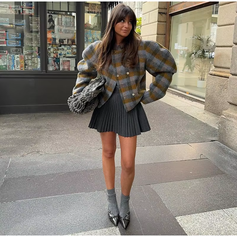 Plaid Round Neck Women Short Jacket Elegant Oversize Full Sleeves Double Breasted Coat 2024 New Fall Winter Commute Outcoat Top