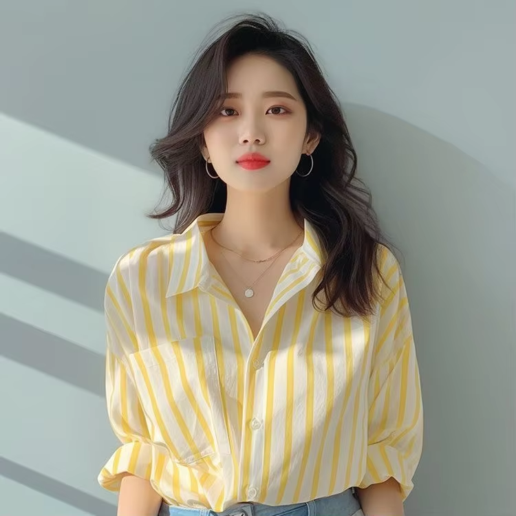 Striped Women Shirt Korean Style Long Sleeve Top Female Casual Autumn Fashion Woman Blouse 2024 Turn Down Collar Pocket Clothes