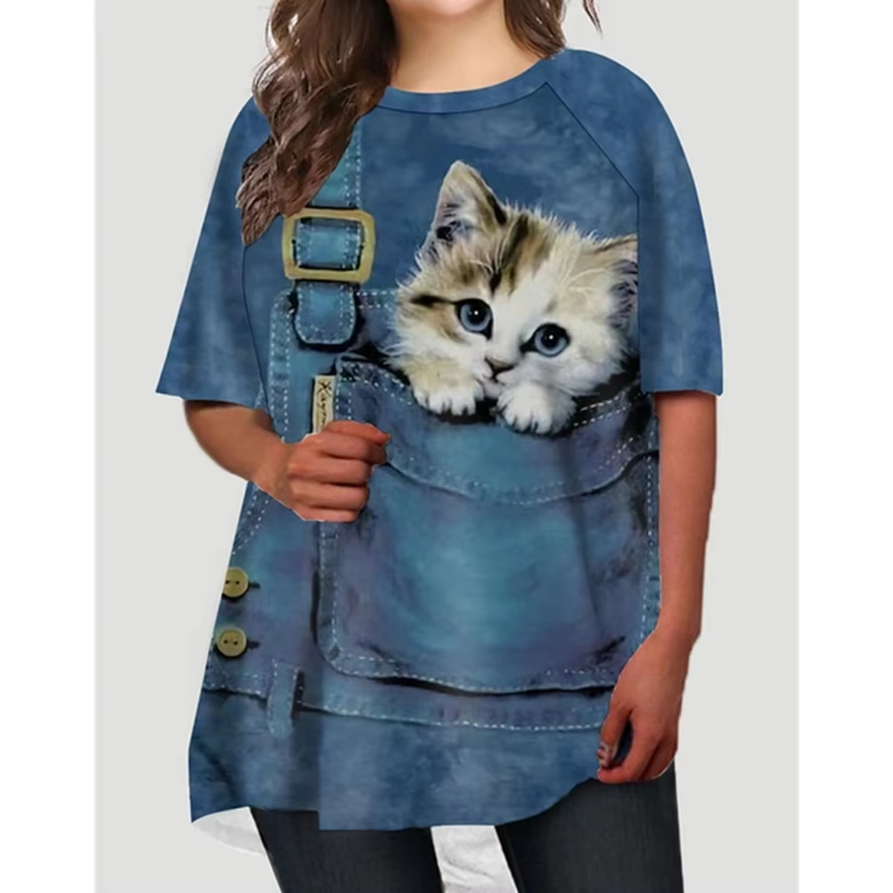 Fashion T-Shirts For Women Oversized Tops 3d Print Cat Graphic Loose Streetwear O-Neck Clothing Short Sleeves Ladies Shirts Tees