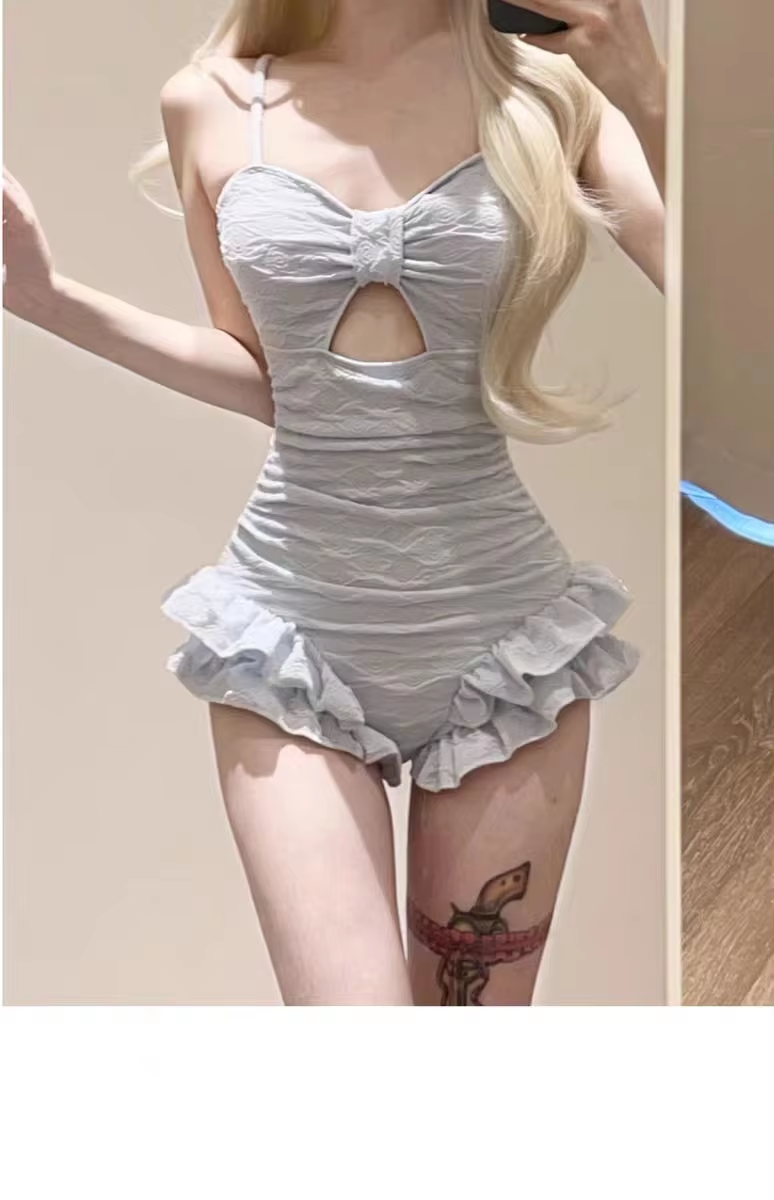 sexy Korean fashion conservative swimsuit two pieces ruched knot ruffles bodysuits bikinis with white blue mesh cover smock