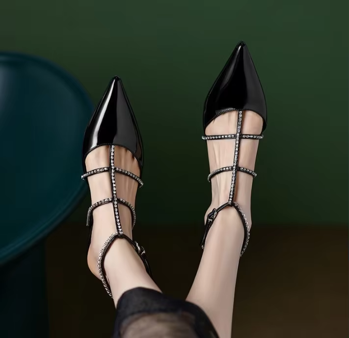 Ladies Shoes Diamond with Low Heels Silver Dress Half Rhinestones Women's Sandals Pointed Toe Closed Original Casual Pvc on Sale