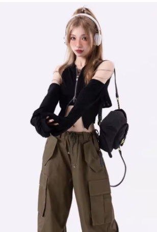Deeptown Y2k Harajuku Solid Crop Top Women Korean Streetwear Zipper T Shirts Off Shoulder Balck Tees Aesthetic Kpop Cardigans