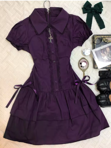 Aesthetic Gothic Vintage Skinny One Piece Dress Preppy Style Elegant Lace Blue Shirt Dress 90s Japanese Sweet Boe Short Dresses
