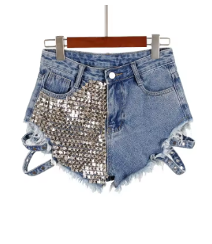 Sexy Women Rivet Denim Shorts hollow out 2022 New Summer Spring Women High Waist Jeans Shorts wide leg women hot shorts KZ77