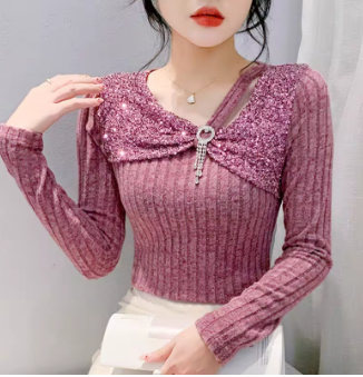 2024 Autumn New Women Chic Skew Collar Sequined T-shirt Shinny Girl Tassels Diamonds Tees Fashion Stretchy Long Sleeves Slim Top