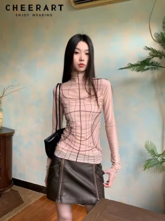 CHEERART Designer Mesh Long Sleeve Top Woman 2024 Turtleneck T Shirts Nude See Through Top Fashion Tees Clothes