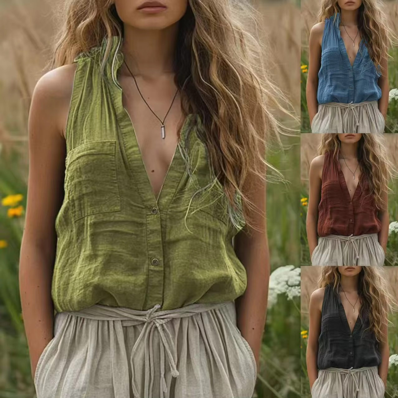 2025 Women New Sring Summer Blouse Casual Loose Fashionable Sleeveless Cotton Linen Solid Color V-neck Pocket Vest Shirt Woman
